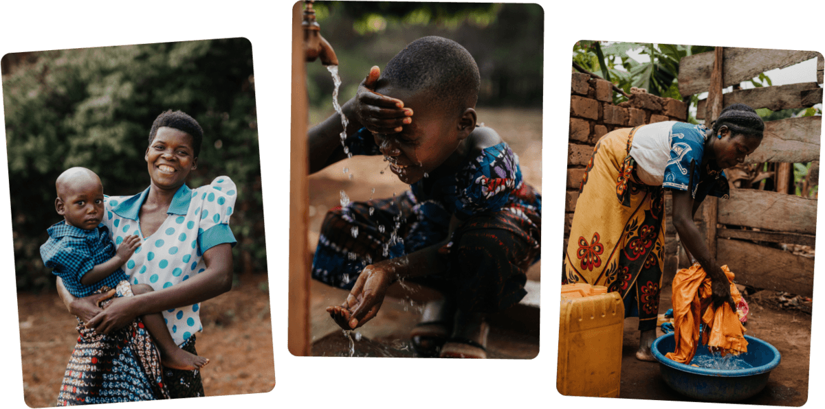 Three portraits showing families and clean water access
